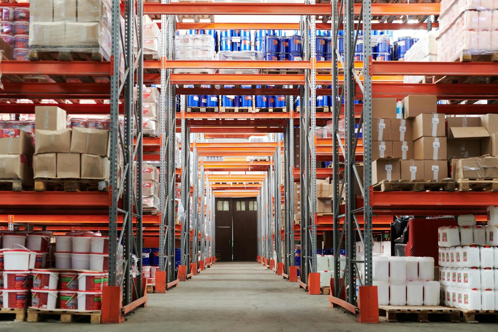 Goods in a warehouse with concrete floors