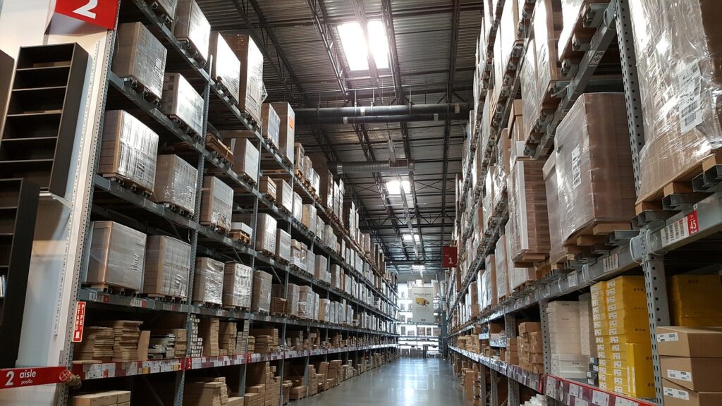 Pallets on racks in a warehouse