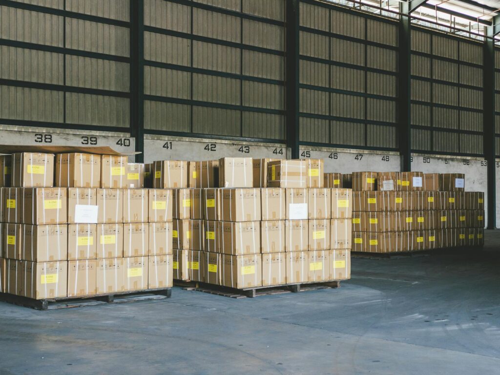 Palletized boxes in a warehouse