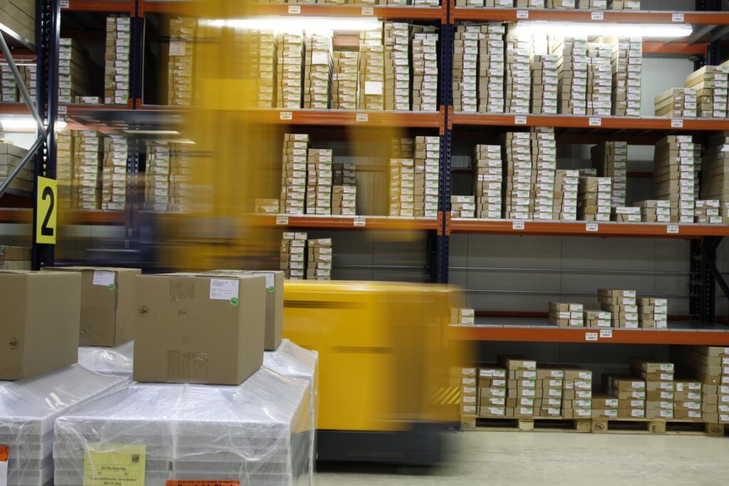 Boxes stored on the shelves inside of a third party-logistics warehousing company’s facility