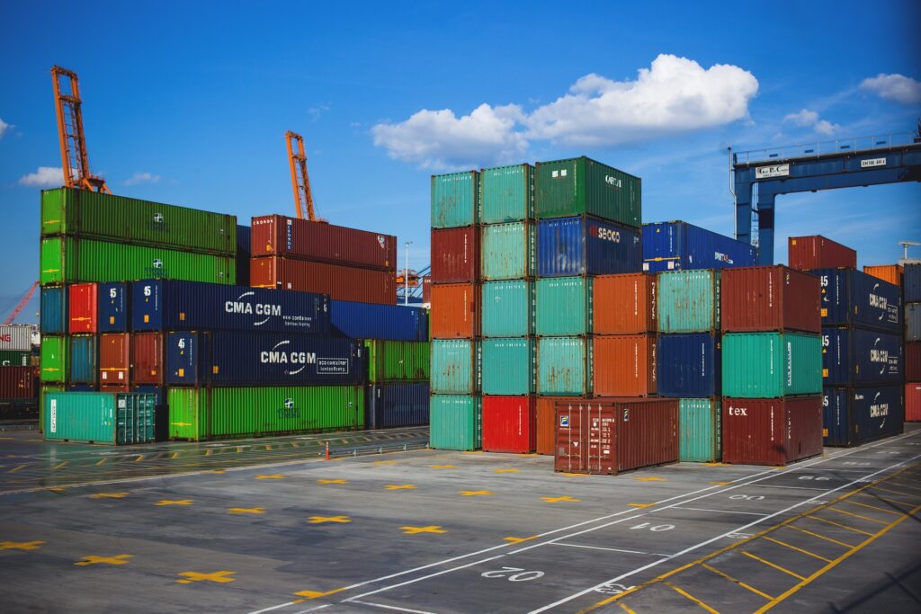 Stacked shipping containers at a seaport