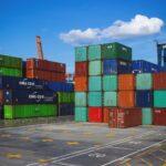 Stacked shipping containers at a seaport