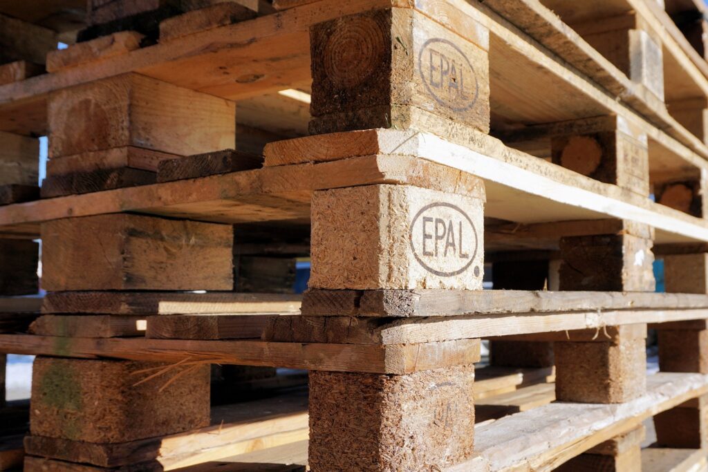 A pile of wooden pallets